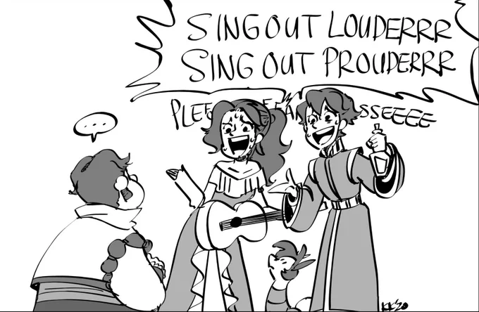 I've been avoiding drawing too much fanart of Elena after I moved on to the next show and I feel like I can do more fanart now. (Was worried about spoilers)
But Mateo was singing about his throat hurting so I liked imagining these two actually desperate to get Armando to sing. 