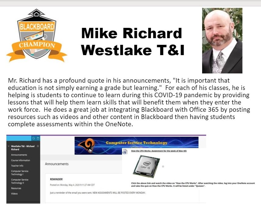 CPSB_TTC's tweet photo. CPSB teachers are doing a great job delivering instruction online via Blackboard. We are showcasing some of these outstanding individuals as Blackboard Champions. Our next champion is Michael Richard from Westlake T&amp;I. Check out his site at https://t.co/jKi2BhvQQw https://t.co/qnqV2hg6AT