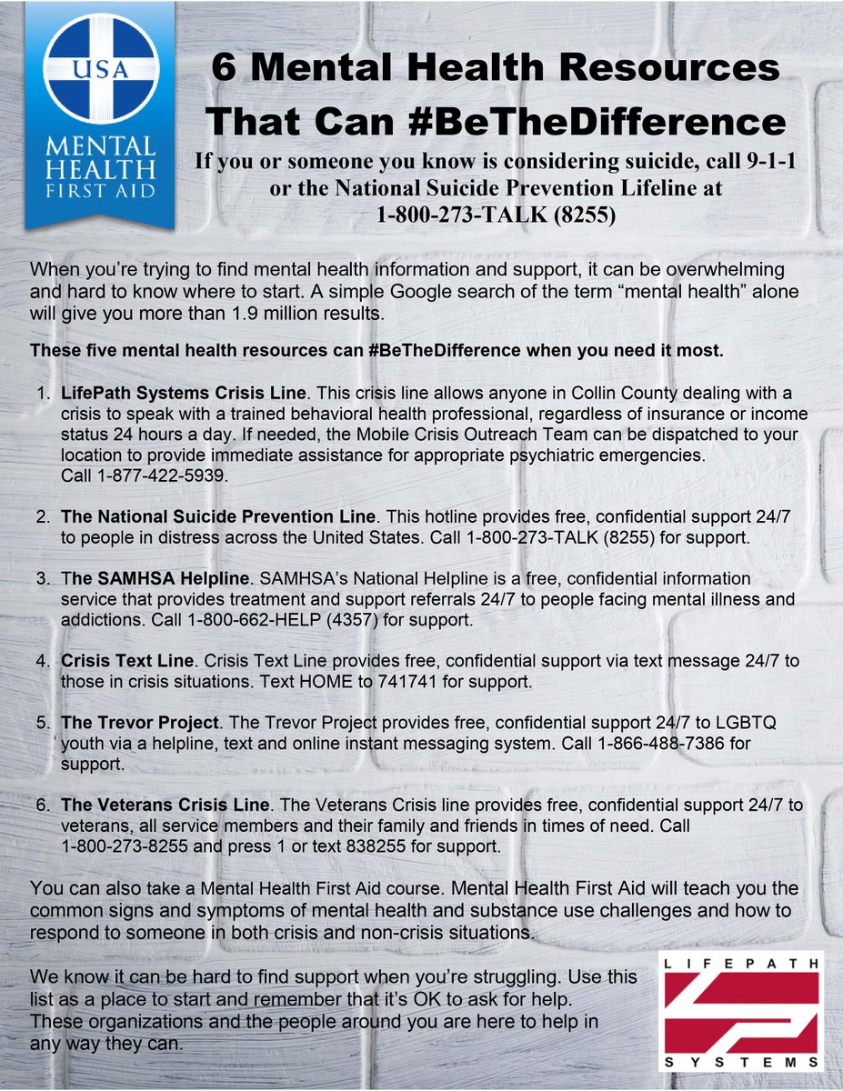 Lifepath86's tweet photo. Mental health support isn't always convenient to find... We put together a list of valuable resources that are easy to access for anyone in need of help.

Help #BeTheDifference and share with your friends and family to spread the word.

We are here for you! Happy Friday! https://t.co/Ll6MIIKWFN