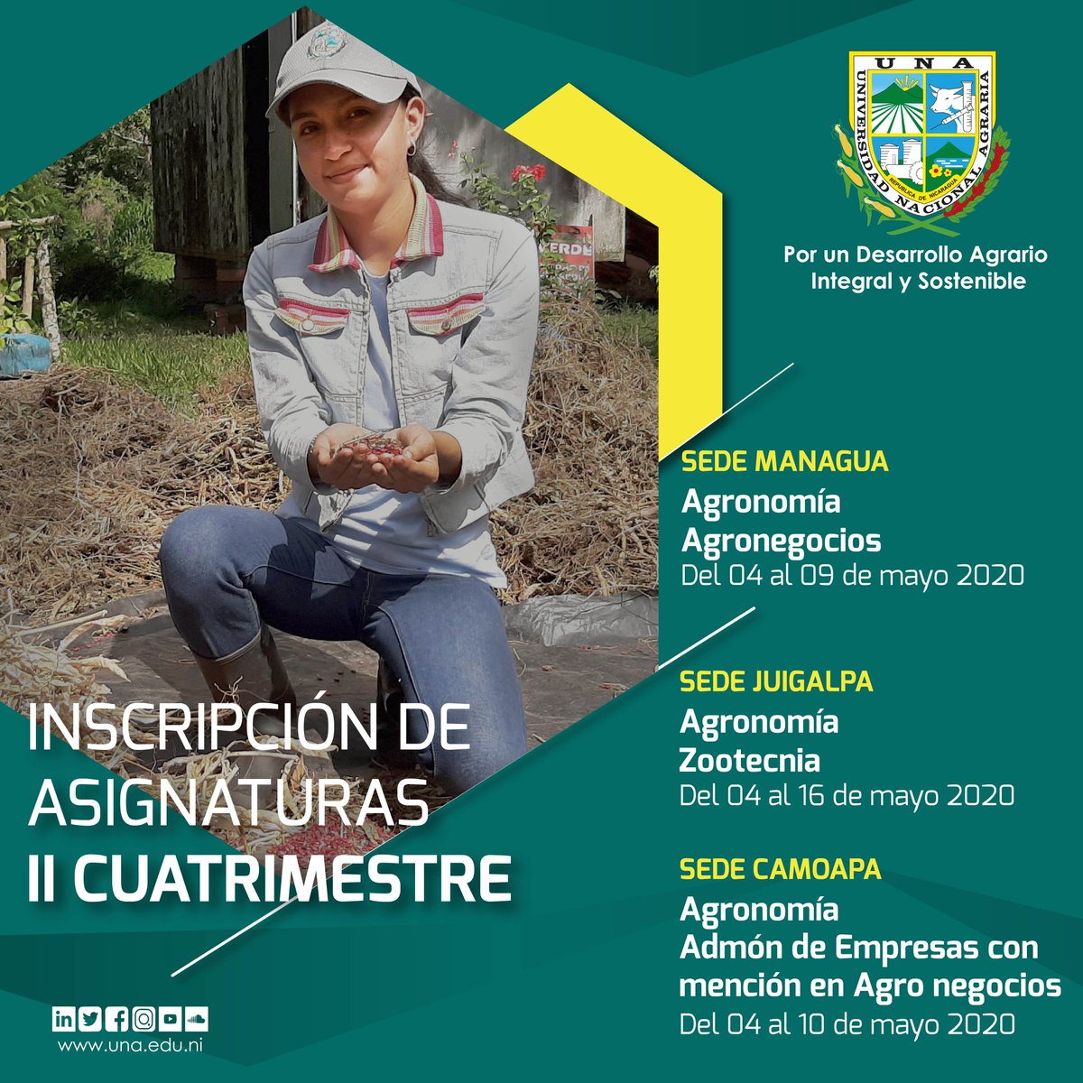UNAnicaragua's tweet photo. #InscripciónDeAsignaturas del #IICuatrimestre para reingreso y #Matricula de #PrimerIngreso en nuestras sedes #Managua, #Juigalpa y #Camoapa, en la modalidad de estudios por encuentro.😉
#ModalidadPorEncuentro #LaAgrariaDeMi💚#103AñosFormandoProfesionales https://t.co/wqj232TFRh