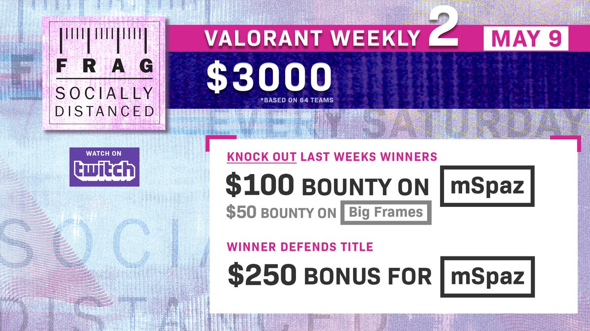 Don't forget to sign up for <a href="/fragadelphia/">Frag</a>'s VALORANT Weekly 2 with paid entrance and instant payouts! Bounty on mSpaz and Big Frames - your chance to prove your worth!

You can find all the details here: 
fragadelphia.com/sdvalorant/

#VALORANTPRO #VALORANTesports
