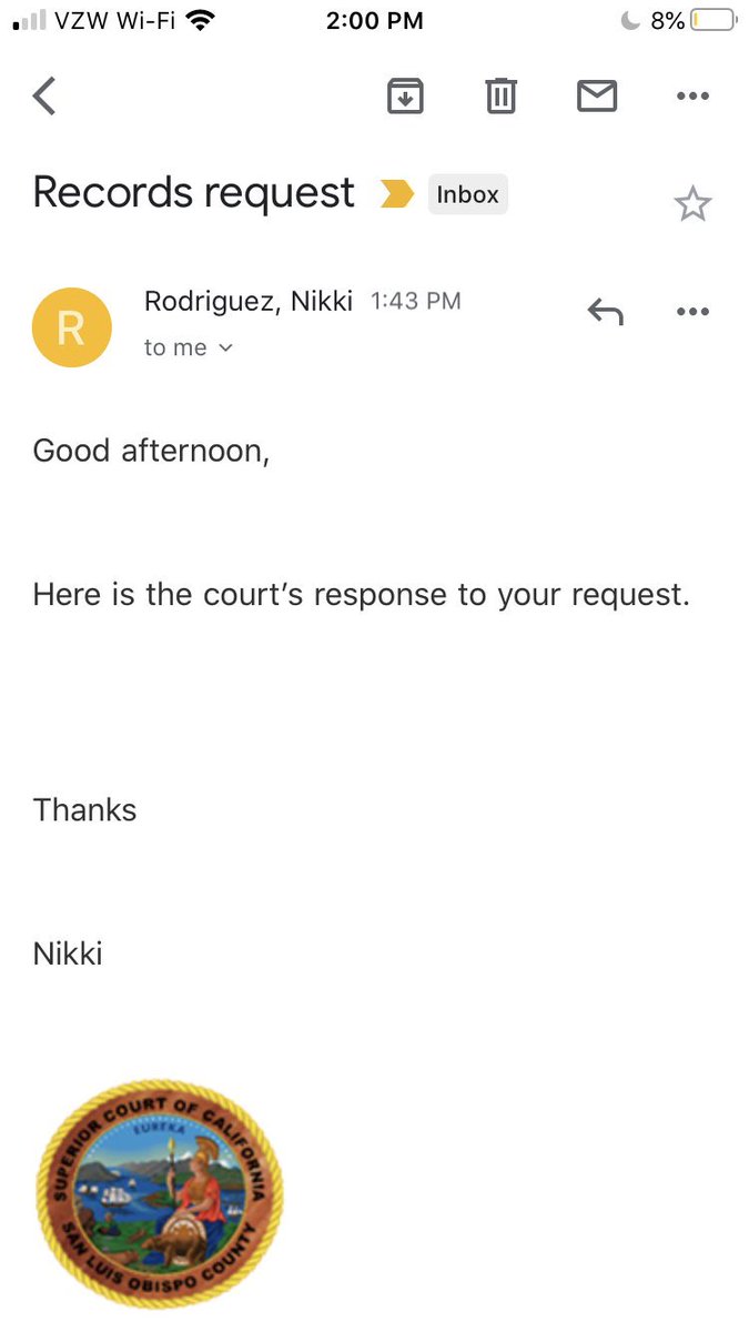 BREAKING:  @LukeRodriguez75 just heard back from SLO. I confirmed the person that replied to the emails works for the courthouse. She provided a document showing the case number matching the case number from the databases & date — 8/2/1993 — 3 days before she was terminated. 