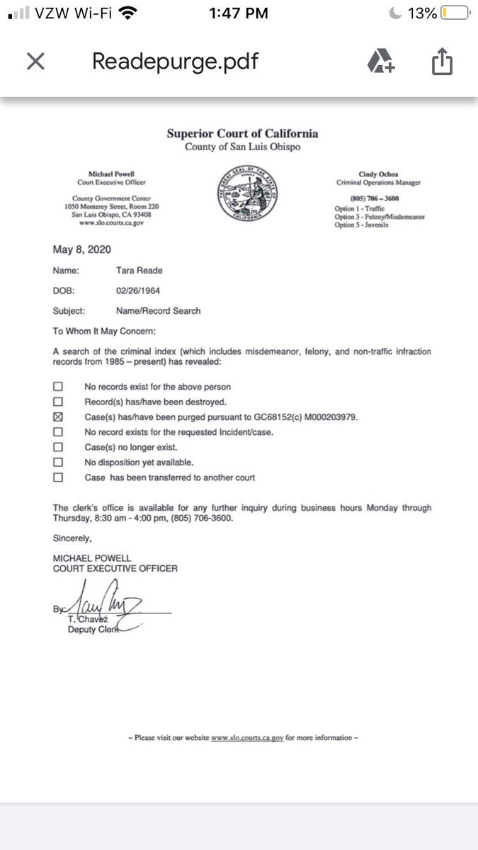 BREAKING:  @LukeRodriguez75 just heard back from SLO. I confirmed the person that replied to the emails works for the courthouse. She provided a document showing the case number matching the case number from the databases & date — 8/2/1993 — 3 days before she was terminated. 