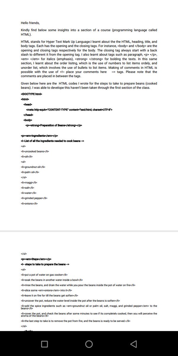 Gabu4real's tweet image. Hello friends, please find below in the attachments, an explanation on a section of an HTML programming language developed by me, made possible through an online course. You also find the HTML codes as well as the outputs of the codes.
#HTMLprogamminglanguage #HTMLcodes #HTMLtags