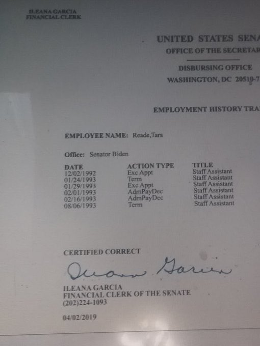 Last but not least, here is a document Tara Reade herself tweeted showing the last date of employment: