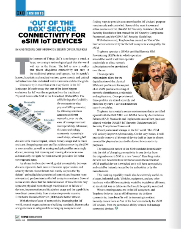 nfteodoro's tweet photo. Glad to be featured in the Enterprise Security Magazine with my piece on Secure Connectivity for eSIM with 
@Truphone .

#gsma #truphone #esim #security #Connectivity 

https://t.co/i9ZmwsaLeu https://t.co/Sl0hRCqPRz