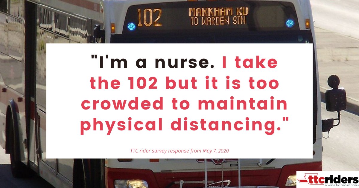 ttcriders's tweet photo. A nurse told us YESTERDAY that the 102 Markham is too crowded for #PhysicalDistancing. On Sunday the #TTC will cancel express service on Markham Road. Tell your MP and MPP to provide emergency funding to stop the cuts! https://t.co/m7GFsquROX #canlab #HealthcareHeroes #transit https://t.co/v6bngilvod