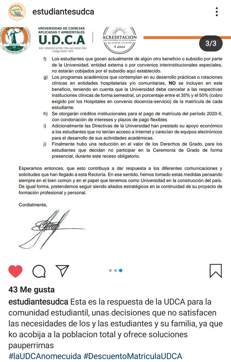 Cama_03's tweet photo. Éstas son las garantías y apoyos que nos da la UDCA en tiempo difíciles... @SomosUDCA 
TRES PORCIENTO DE DESCUENTO? 
Una burla hacia todos los estudiantes que en mayoría somos estrato 1, 2 y 3. 
INAUDITO, hago un llamado a los estudiantes. #LaUDCAnomecuida #DescuentoMatriculaUDCA https://t.co/MFAVjrIXXc