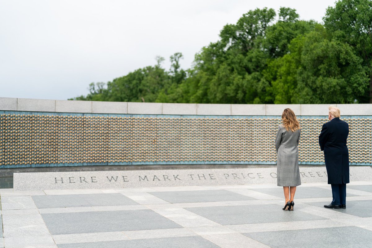 In honor of #VEDay75, @POTUS and I joined some of our nations heros at the World War II Memorial to lay a wreath in commemoration of the brave men and women who lost their lives fighting for our freedom.