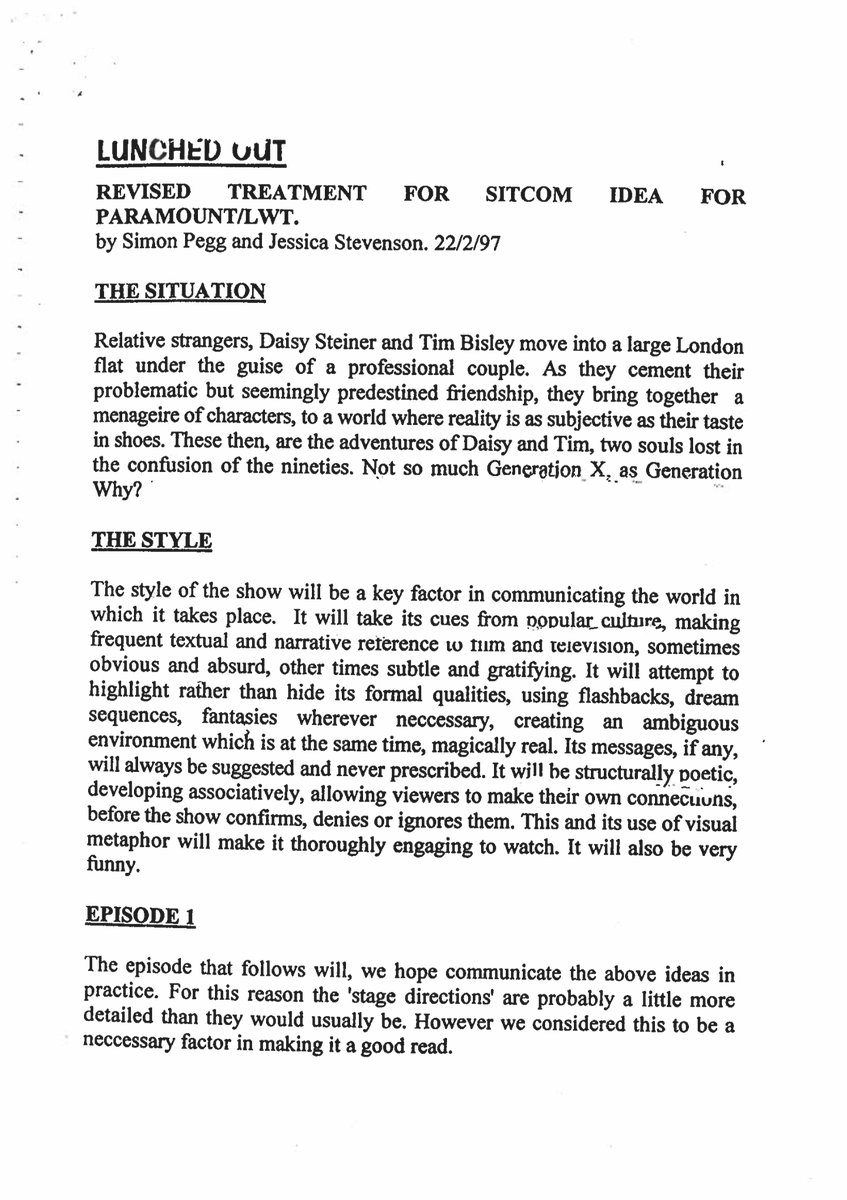 edgarwright's tweet photo. To start you off with the #SpacedMarathon take a look at the original pitch treatment by Simon &amp; Jess written in Feb 1997, a full two years before we started shooting the first series. https://t.co/GEivxnTXDj