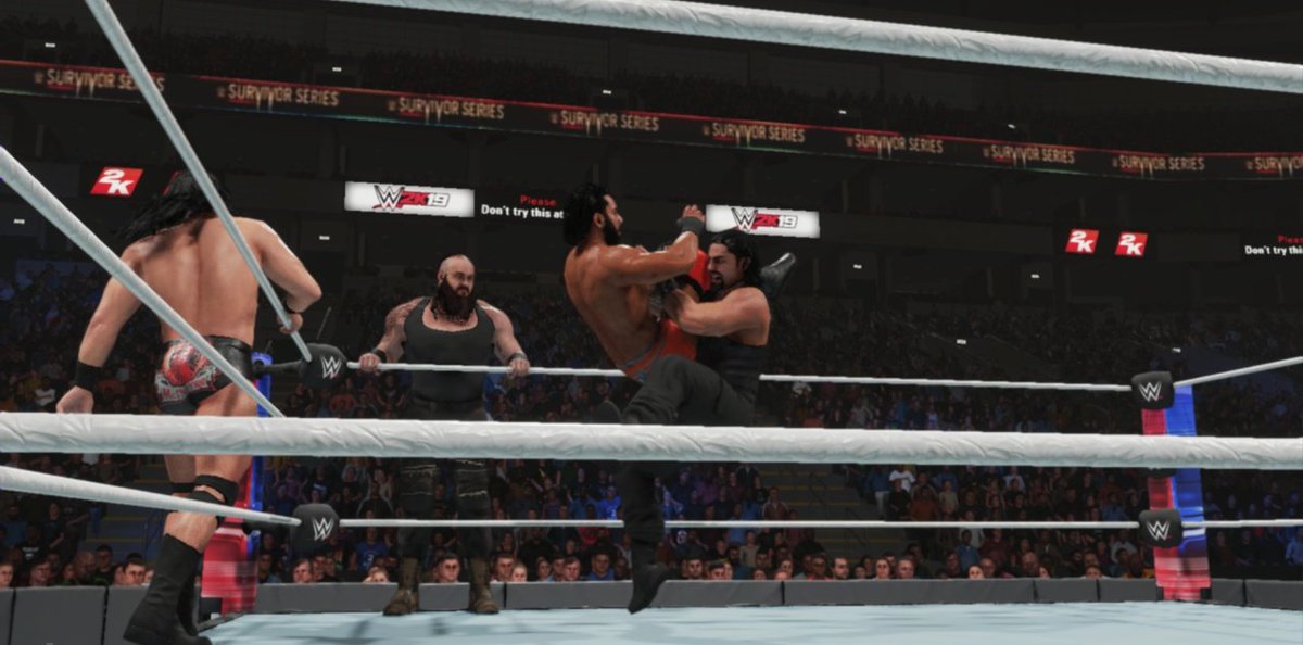 floydbanks2k26's tweet photo. The #WWERaw male #SurvivorSeries fires off w/ @WWERomanReigns &amp; @JinderMahal starting out.  Even exchange until the #ModernDayMaharaja cornered the Big Dog!

#XboxOne #PPVTrend #WWE2K19 #UniverseMode #RomanReigns #SethRollin #BraunStrowman  #BrokenMattHardy #JinderMahal https://t.co/ZkPVcOKgaC