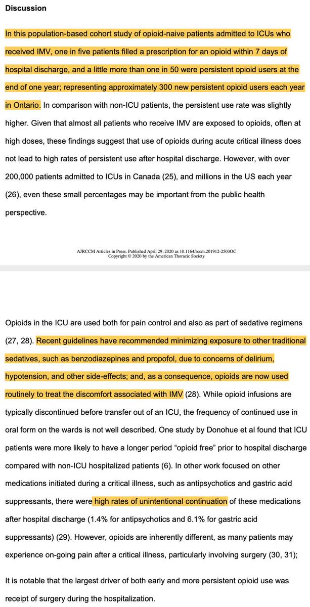 disturbing study shows that ventilated ICU patients often become dependent on chronic opioids.  perhaps an unintended consequence of the recommended "pain first" analgosedation strategy.  underappreciated form of iatrogenic harm... (rant, #1/3)  

(study: bit.ly/3bftz9v)