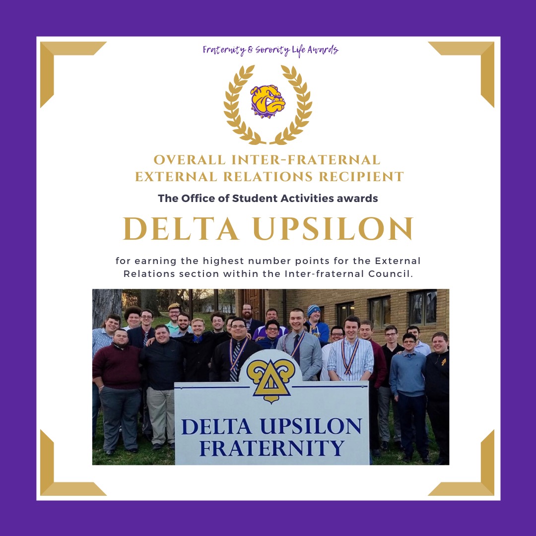 WIU_OSE's tweet image. Overall External Relations recipients: 
IFC-@DeltaUpsilonWIU
UGC- @wiu_gphio
PHC- @TriSigmaWIU