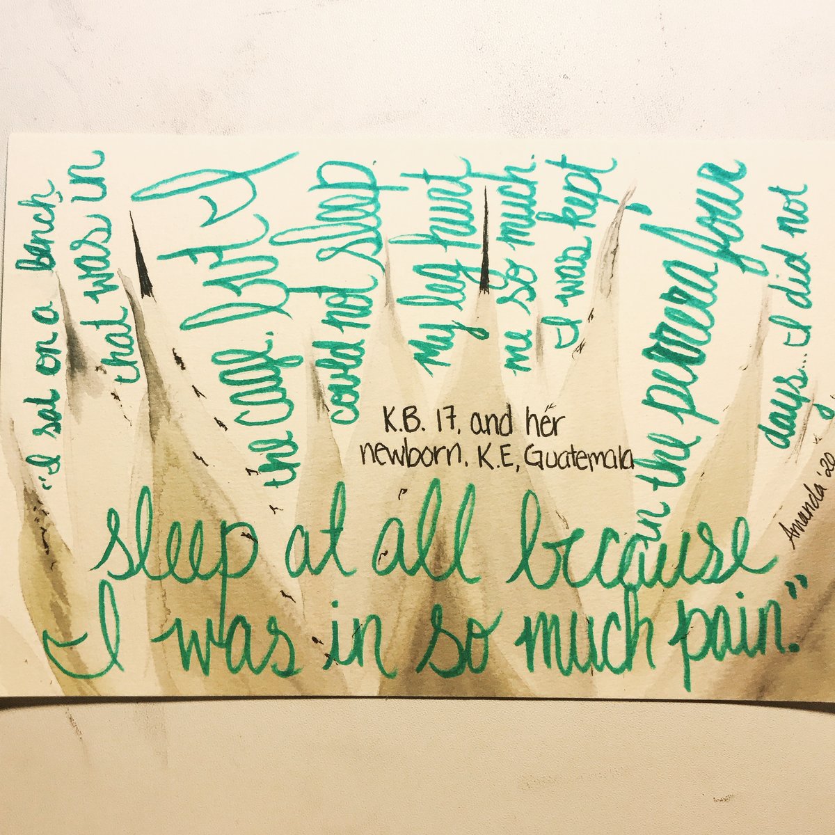 Day 290: “I sat on a bench that was in the cage, but I couldn’t sleep. My leg hurt me so much. I was kept in the perrera for four days... I did not sleep at all because I was in so much pain.” -KB, 17. Had C-section, then fled to the US with her newborn daughter, KE, Guatemala