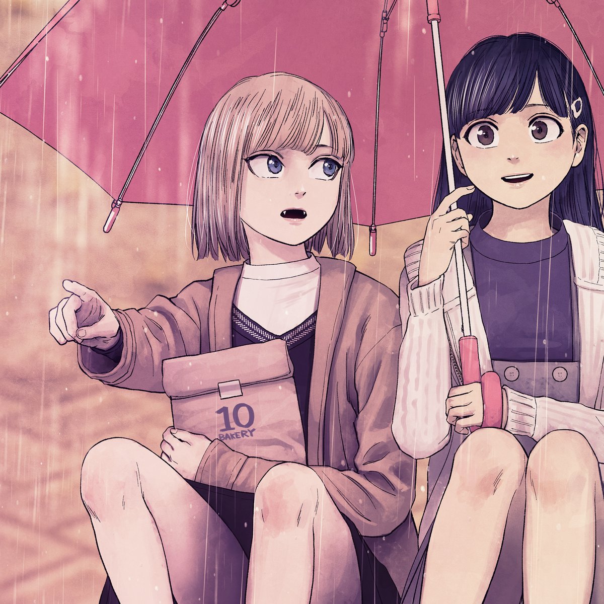 multiple girls 2girls umbrella rain pointing sitting holding  illustration images