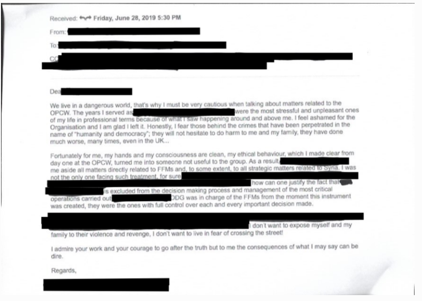 34) And new documents and statements continue to surface and which highlight the ways in which the OPCW has been corrupted by the US, France and UK. This message from a senior OPCW official reveals a culture of threats and intimidation at the OPCW  https://thegrayzone.com/2020/02/11/new-leaks-shatter-opcws-attacks-douma-whistleblowers/