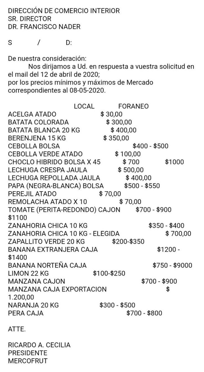En cumplimiento al requerimiento de la DCI, el Mercofrut informa precios de referencia al 8/5/2020