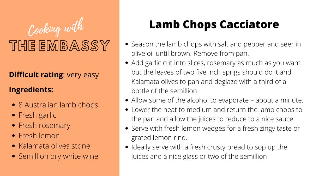 AusEmbMex's tweet photo. Yesterday I cooked some delicious Australian lamb chops Cacciatore and served it with an excellent Australian wine! 🇦🇺🥩🍷😋 Here's the recipe in case you want to try it at home. What are you going to cook this weekend? #CookingWithTheEmbassy #AussieMeat https://t.co/z3K0EUeic5