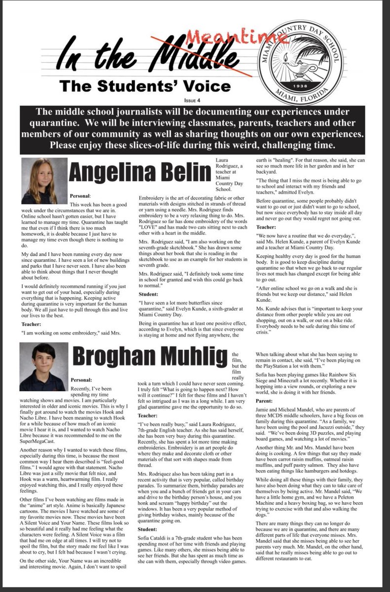 interface2learn's tweet image. Do you recall @YongZhaoEd that wonderful collaborative podcast you did, called Education Re-Imagined with Felipe (then 10 yrs old). Discovered on the school&apos;s webpage students are middle school journalists documenting experiences under quarantine. #silverliningforlearning