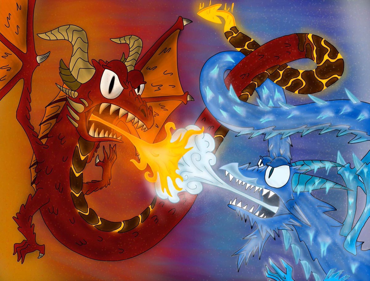 JAStudios2's tweet photo. Fire🔥VS Ice🧊 , the ultimate clash of the elements...🐉 #dragon #fire #ice #duel #digitalart https://t.co/g7KwmsrDhW