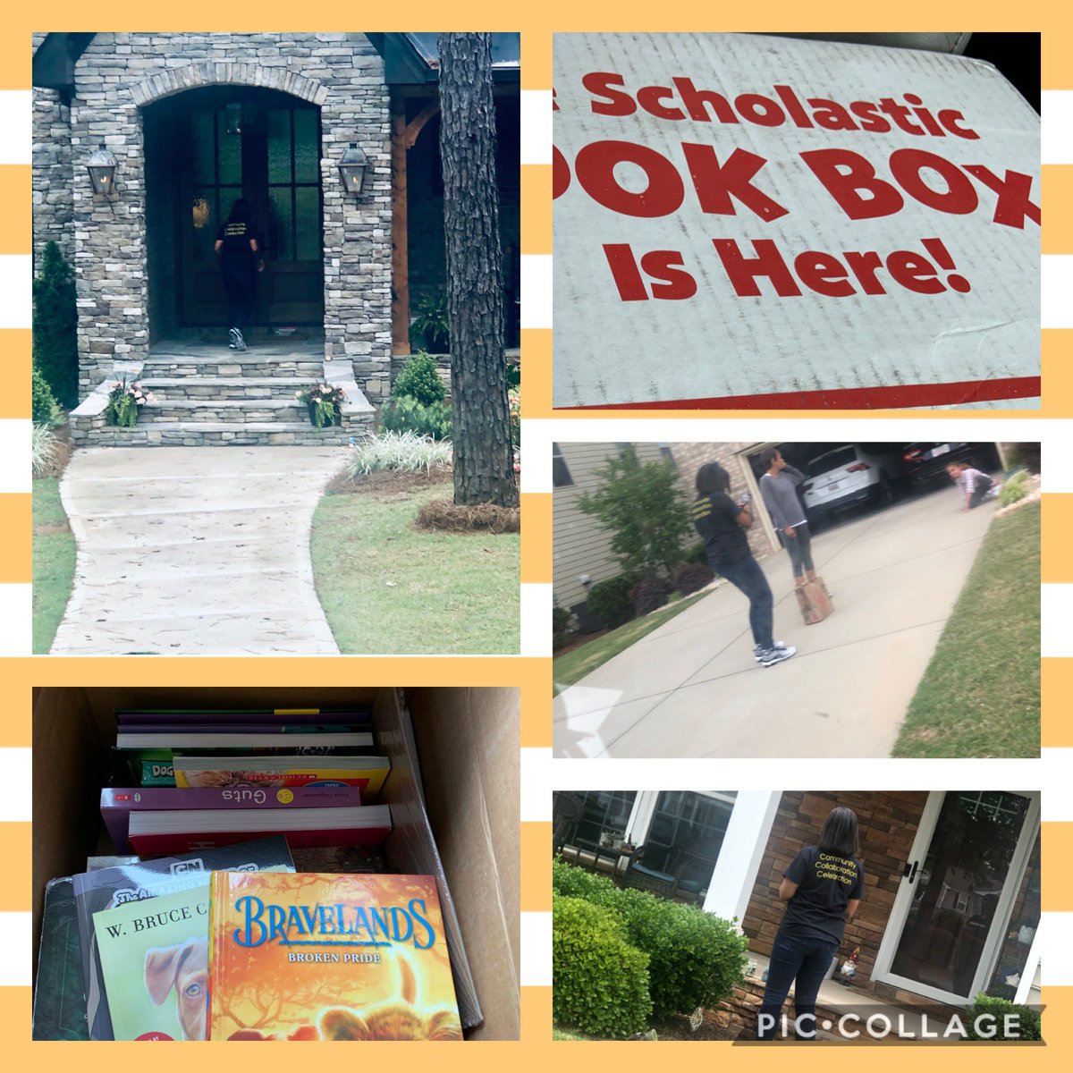 MrsJBarney's tweet photo. #SpecialDelivery Delivering books ordered by my students!! #SURPRISE It’s Mrs. Barney at the door! 💛🖤💛🖤 @ScholasticClub @bethebridgeDBES #Anything4MyDragons #SocialDistanceDelivery https://t.co/BlUsl7YwMy
