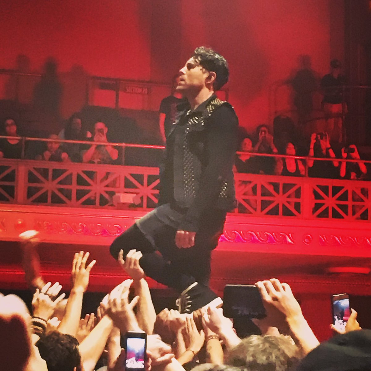 demordjp's tweet photo. @AFI @scatteredpix @DaveyHavok @jadepuget Blood tour. Perhaps my best ever concert pic. Walking the crowd. Nashville TN.  But failed to play anything from Crash Love. 😩 https://t.co/3mfLfmQMGI