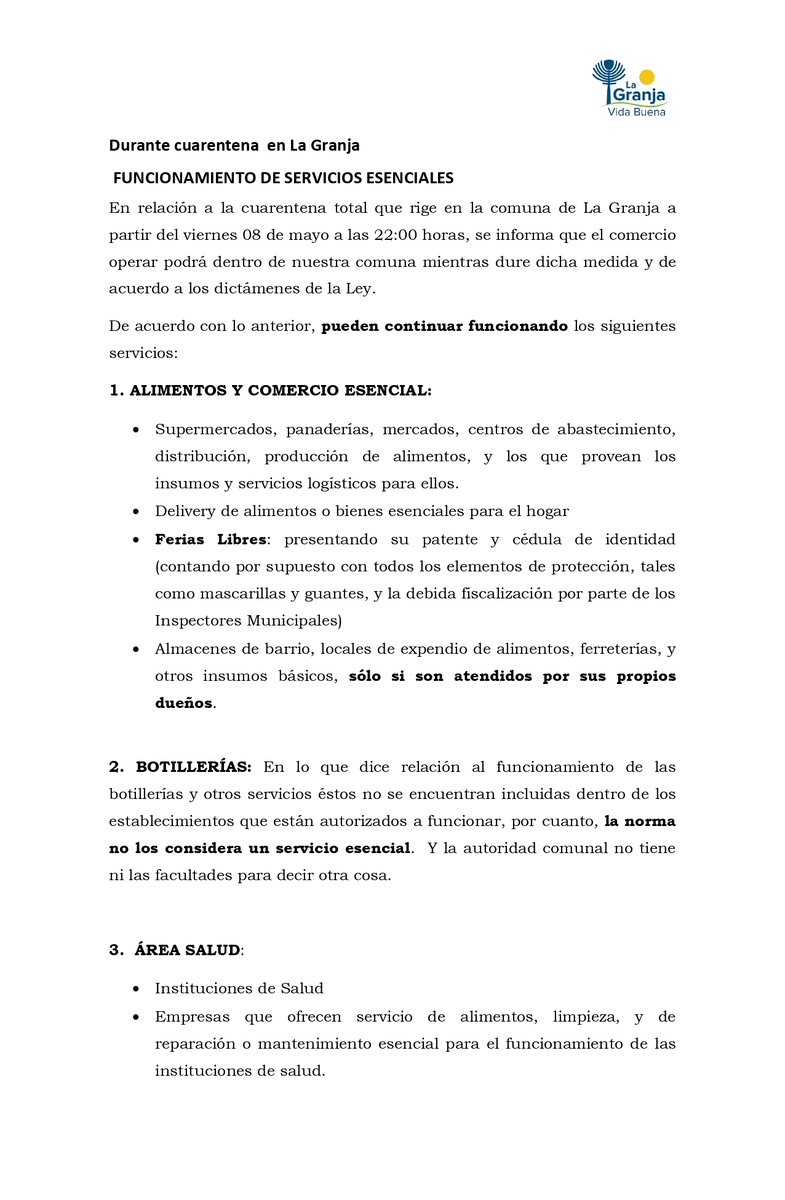 Muni_LaGranja's tweet photo. 📣¡ATENCIÓN VECINO/A!
Hoy a las 22:0 horas comienza nuestra cuarentena, pero SÍ habrá funcionamiento de servicios básicos esenciales. Los invitamos a leer el siguiente listado, detallado, que aclara que estará funcionando. #VidaBuena #LaGranja https://t.co/4X79eRJVlB