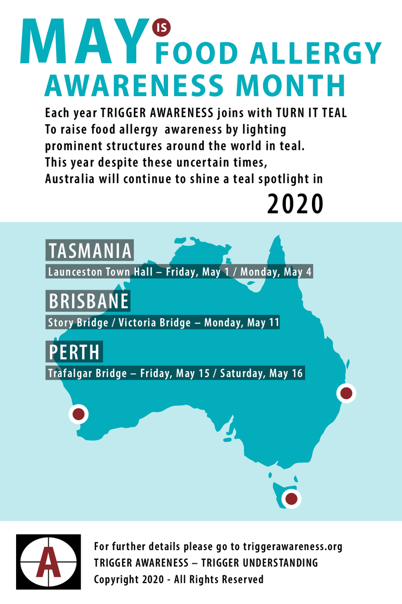 TRIGGERnow's tweet photo. #FoodAllergy #awareness month continues!
Please click on the image for details about @turnitteal in #australia
Thank You to all at @brisbanecityqld, @CityofPerth,
@CityLaunceston and @globalaai for all your help to shine a teal spotlight in #2020. #turnitteal #triggerteal https://t.co/7oRqApmRaL