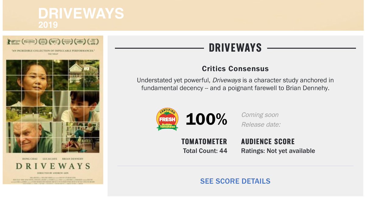 JamesSchamus's tweet image. We're certified 100% fresh! Congrats to the entire @DrivewaysFilm team!