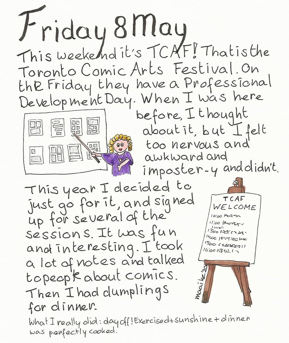 maaibaai's tweet photo. I was still nervous and anxious and feeling imposter-y, but I put that aside and had a good time.

#NotActuallyInToronto #traveljournal #CoronaTravelAtHome #Toronto #illustratie #illustration #TCAF #TorontoComicArtsFestival https://t.co/G4Ov3805By