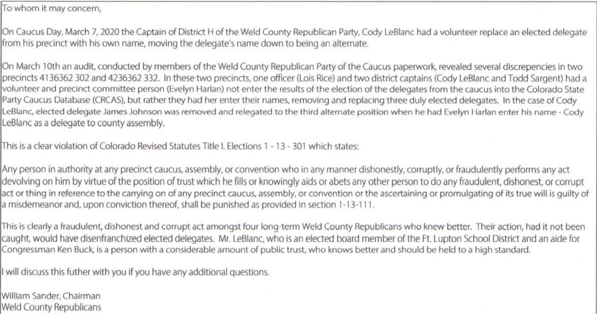 “This is clearly a fraudulent, dishonest and corrupt act amongst four long-term Weld County Republicans who knew better. Their action, had it not been caught, would have disenfranchised elected delegates,” the county chair wrote in one of the complaints.