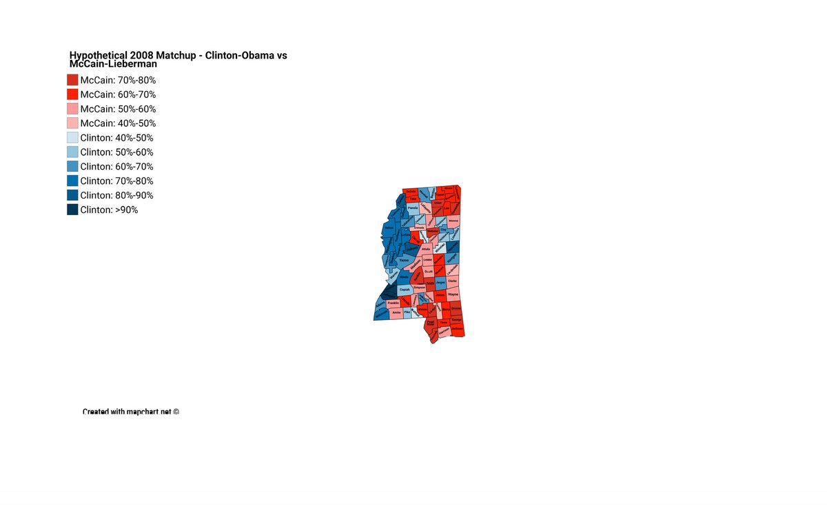 Sailor Haumea On Twitter I Decided To Map Out A Hypothetical 2008 Presidential Election In Mississippi With Clinton Obama Vs Mccain Lieberman The Lieberman Vp Pick Demoralizes Many Conservatives From Voting For Mccain