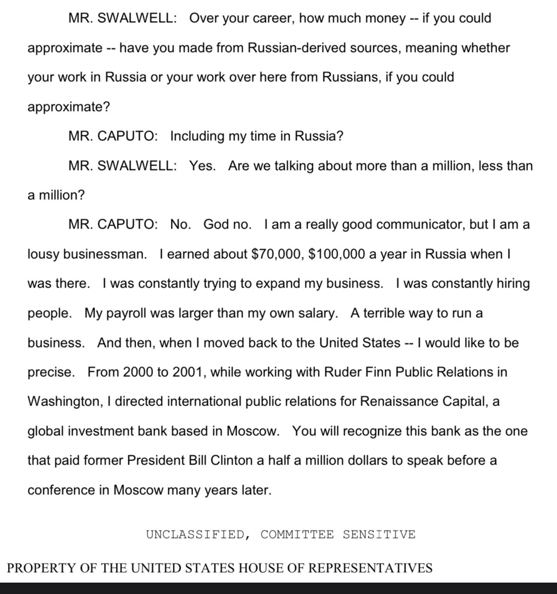 Swallwell is demanding to know how much money  @MichaelRCaputo made while working abroad 30 years ago. Look how expertly it’s tossed back in his face. Bravo.