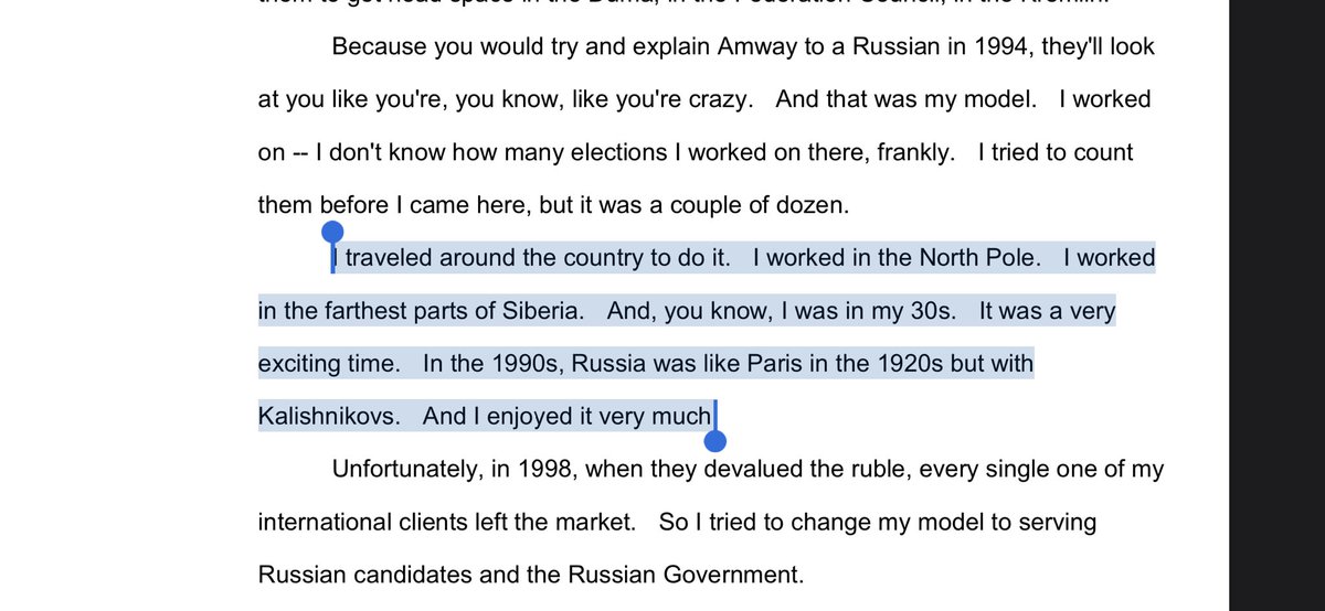  @MichaelRCaputo is very sharp, funny and honest. To his credit, he didn’t tire of the completely absurd lines of questioning—especially from Swalwell and Schiff, two bizarre Renfields chasing their own tails. Here’s a great description of working in Russia in the 90s.