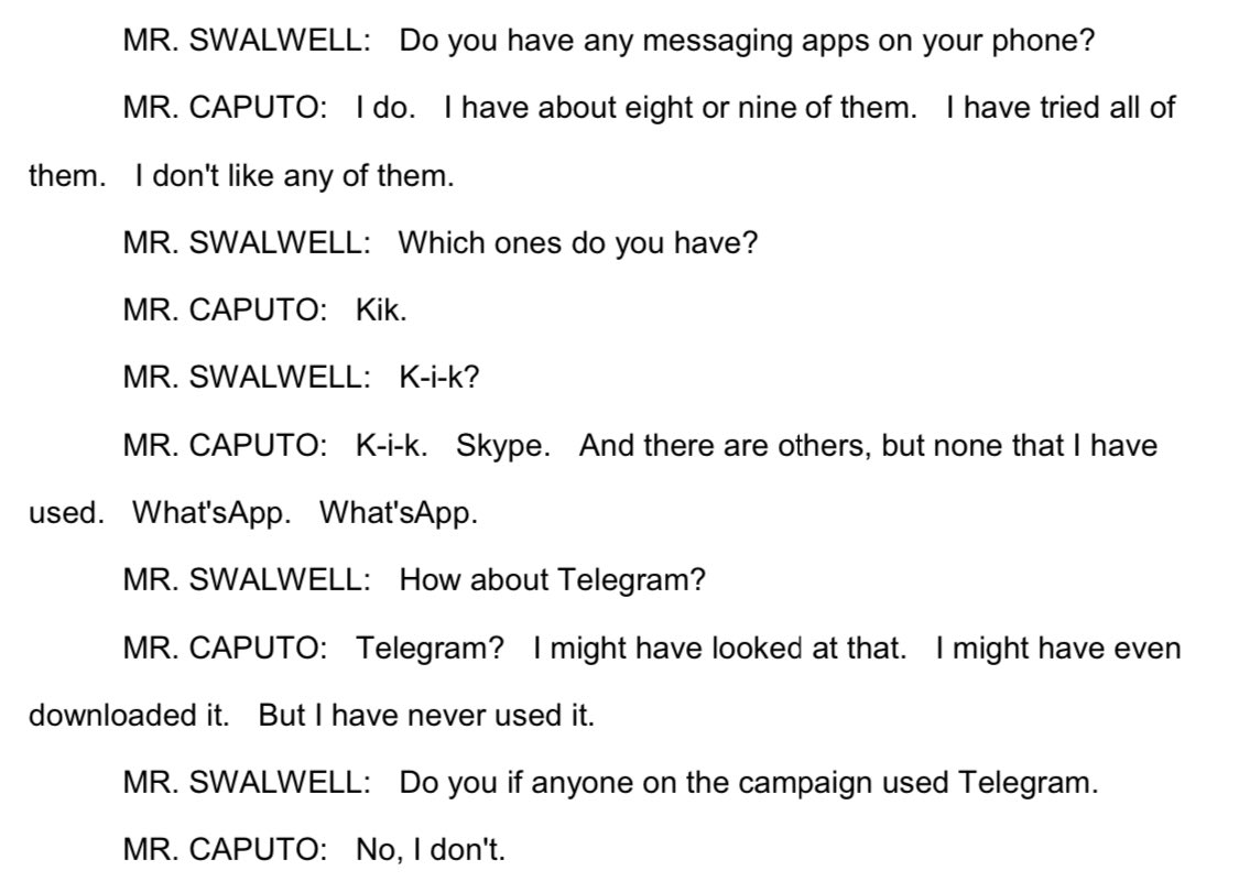Swalwell, so pathetic, asking if the Trump campaign used the Russian-owned Telegram messaging ap. Come on.