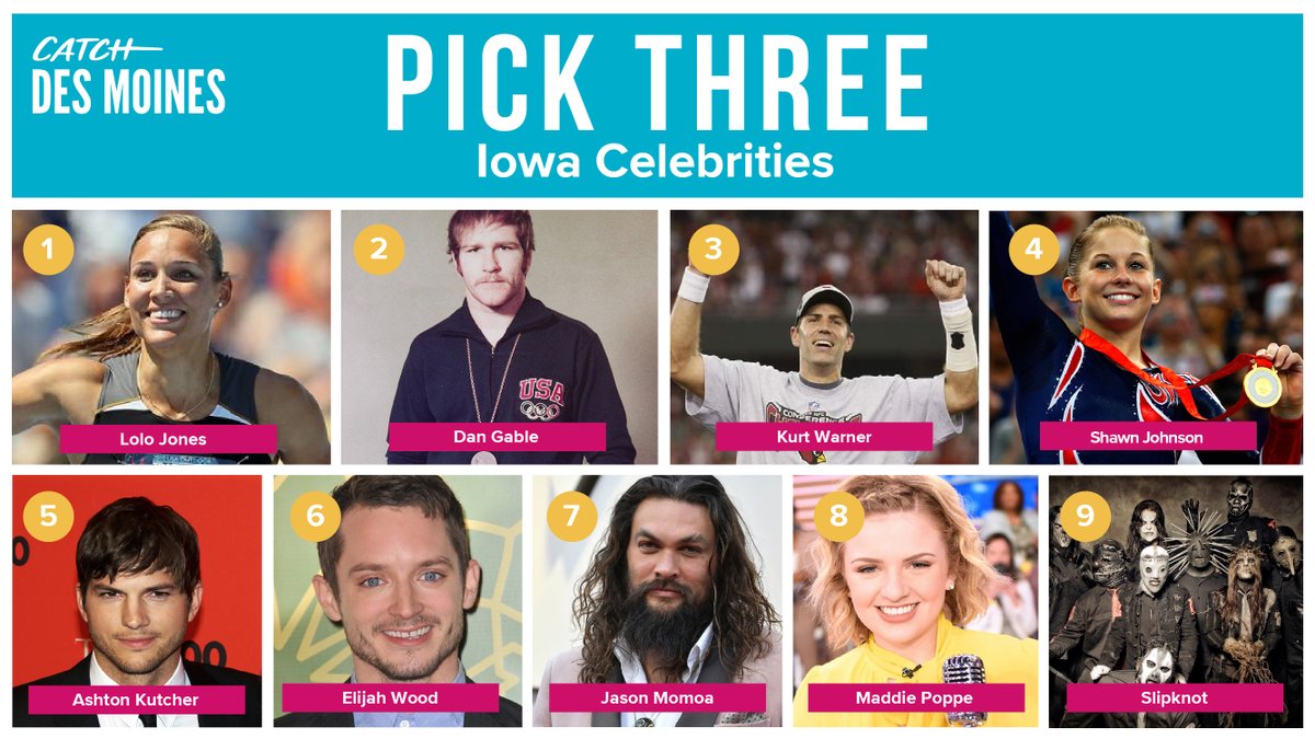 catchdesmoines's tweet photo. Here we go again! If you had to be quarantined with three of these Iowa celebs, which three would you choose? #pick3 #CATCHdsm https://t.co/6StU7HiBXh