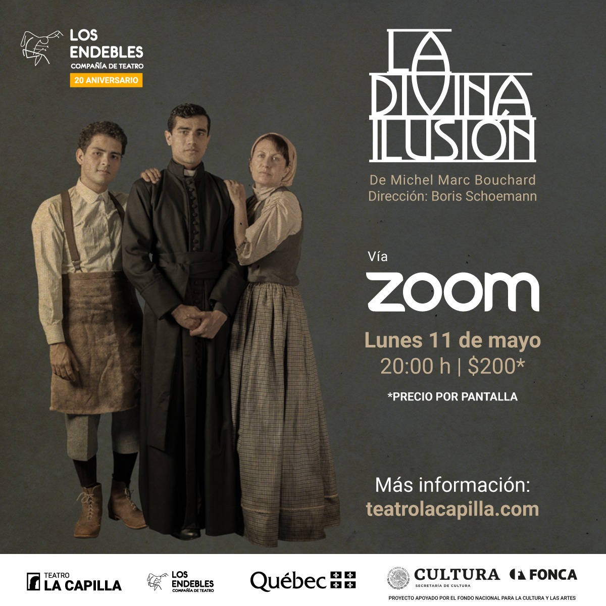 LaCapillaTeatro's tweet photo. Este lunes 11 de mayo transmitiremos en vivo, vía Zoom,  "La divina ilusión" con un elenco maravilloso. Festejemos juntos el 20 aniversario de Compañía los @Endebles. 😊🎉

Boletos y más obras en:
https://t.co/DrGsIVV5wv 

#QuédateEnCasa #ContigoEnLaDistancia #MéxicoEnEscena https://t.co/DIOpO88uLp