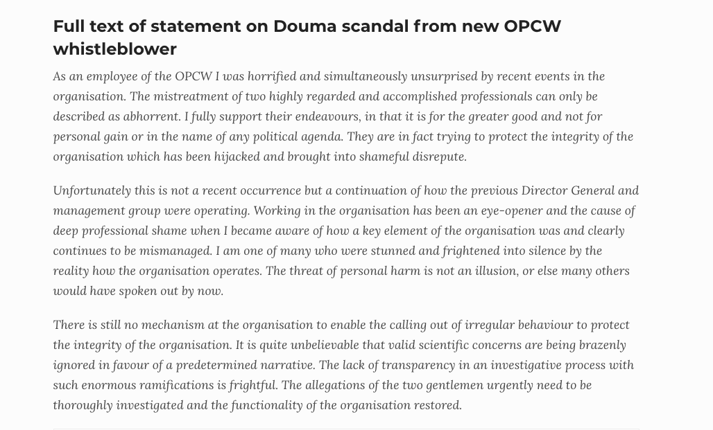 35) This whistleblower documents dismay at the actions of OPCW management  https://thegrayzone.com/2020/03/12/opcw-whistleblower-mistreatment-douma-investigators/