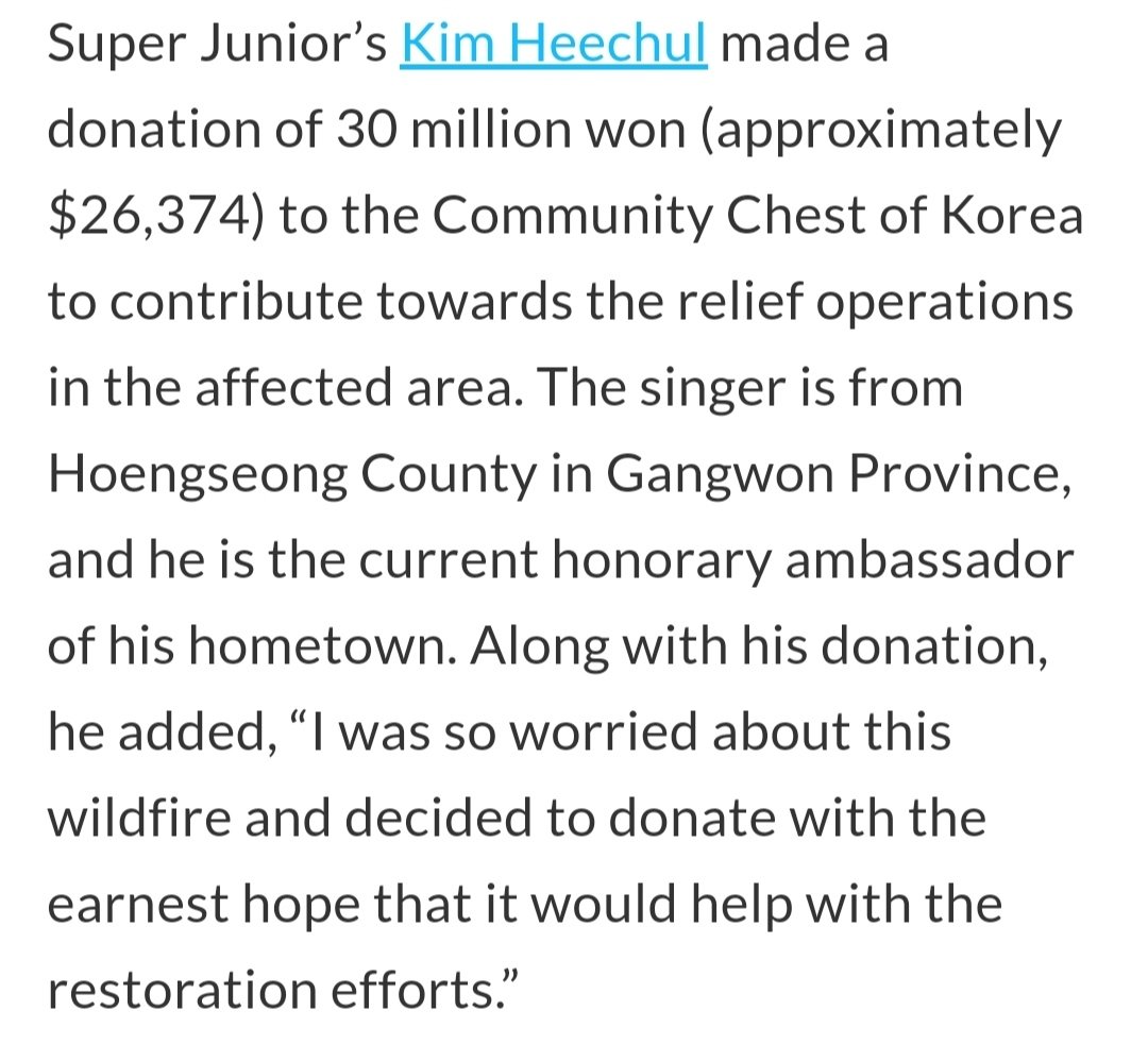 according to JTBC, Heechul was the first to donate (forest fires in Gangwon), but he decided to keep that fact private, only making it public when his agency called to notify him that people were bashing him for not donating