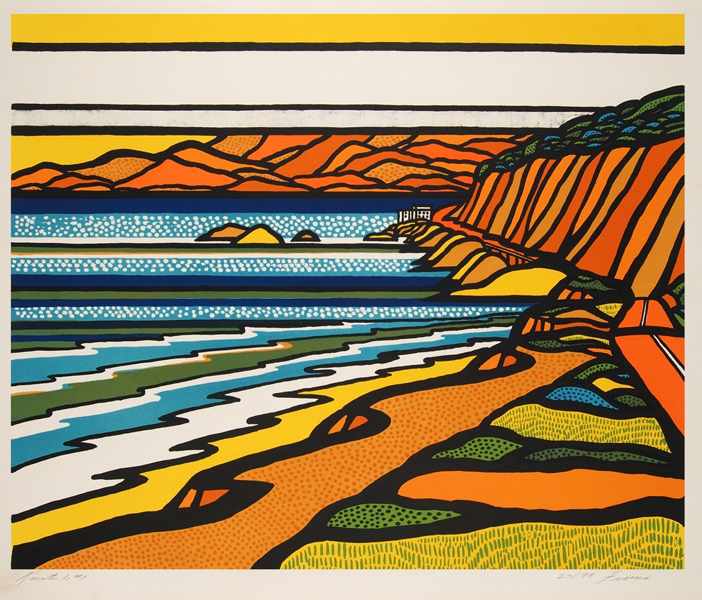 Is this Malibu @weismanart? Work from our #collection for #MuseumBeachDay with #MuseSocial friends <a href="/SoCalMuseums/">SoCal Museums</a>. 

Richard Fiscus
Route 1, #1 (1969)
lithograph on paper
Edition 23/98
#Collection of #thekleefeld
Gift of Reese and Marilyn Arnold Palley
1991.5.24
© Artist’s Estate