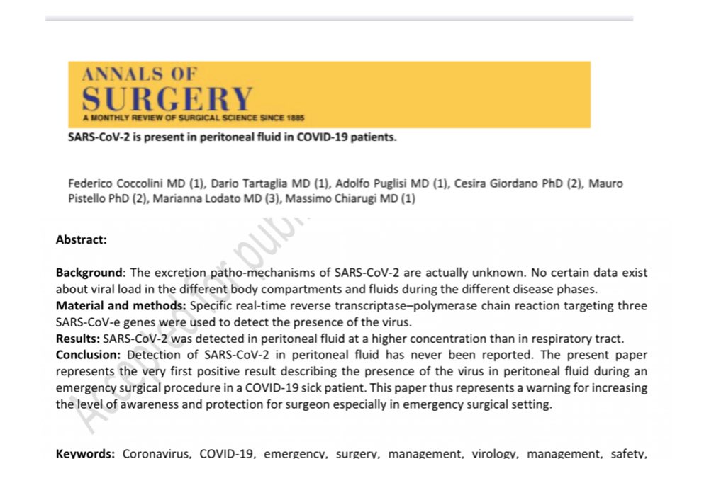 omaale7's tweet image. SARS-CoV-2 is present in peritoneal fluid in COVID-19 patients.🚨🚨🚨
@AnnalsofSurgery 👇🏻👇🏻👇🏻👇🏻👇🏻journals.lww.com/annalsofsurger…  #cirugia #COVID19  #SoMe4Surgery