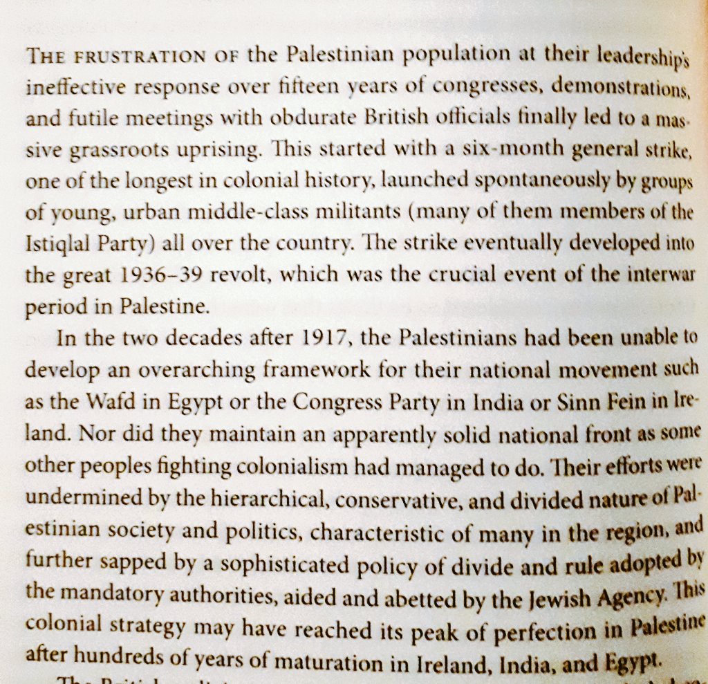 "The frustration of the Palestinian population at their leadership's ineffective response over fifteen years ... finally led to a massive grassroots uprising. This started with a six-month general strike ... the strike eventually developed into the great 1936-39 revolt"