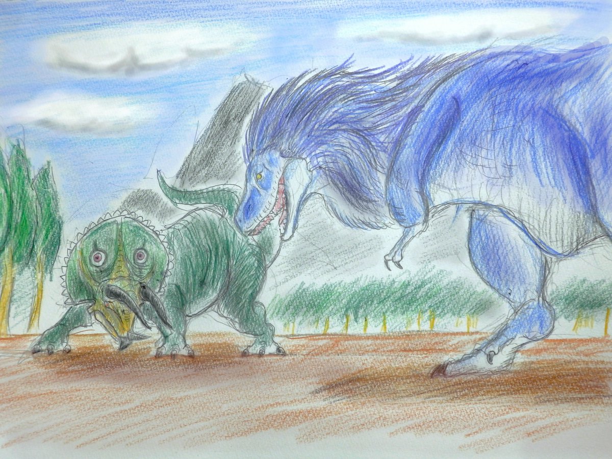 いちおか 久しぶりにイラスト投稿っと 今回は珍しく恐竜ですね ティラノサウルス対トリケラトプス この一戦はいつ見ても胸躍ります T Co Pvuuvxoxzg