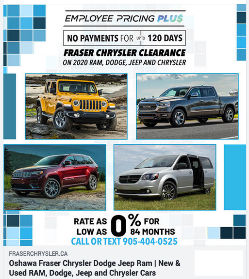 FraserChrysler's tweet photo. Employee Pricing PLUS 0% for up to 84 months happening now at #fraserchrysler. Our #teamfraser crew is ready to assist with your new vehicle purchase. We have safe options for delivery and test drives. Contact us today text or call 905-404-0525. Visit https://t.co/7FJ2Hxu6U0 https://t.co/D2peUrKYOQ