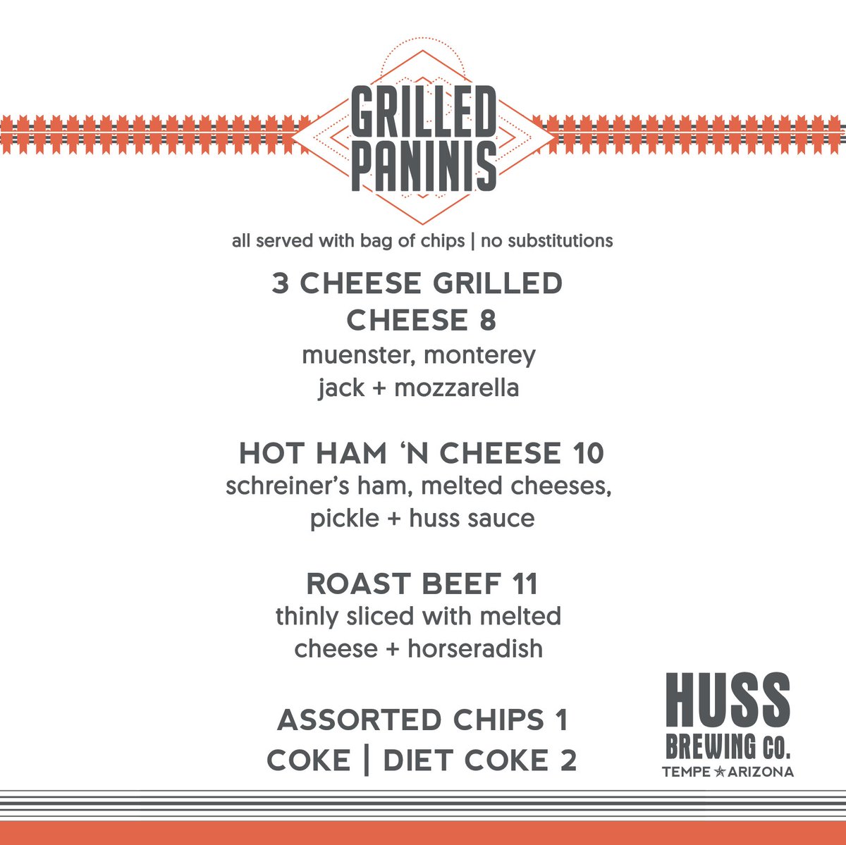 HussBrewingCo's tweet photo. When our Tempe Taproom opens next Monday you'll notice some changes! A big one is our grilled Panini menu! Made with the freshest local ingredients and grilled to crispy perfection and ready to be paired with your favorite Huss beers.  
#azretapped https://t.co/a7SZjTQprY