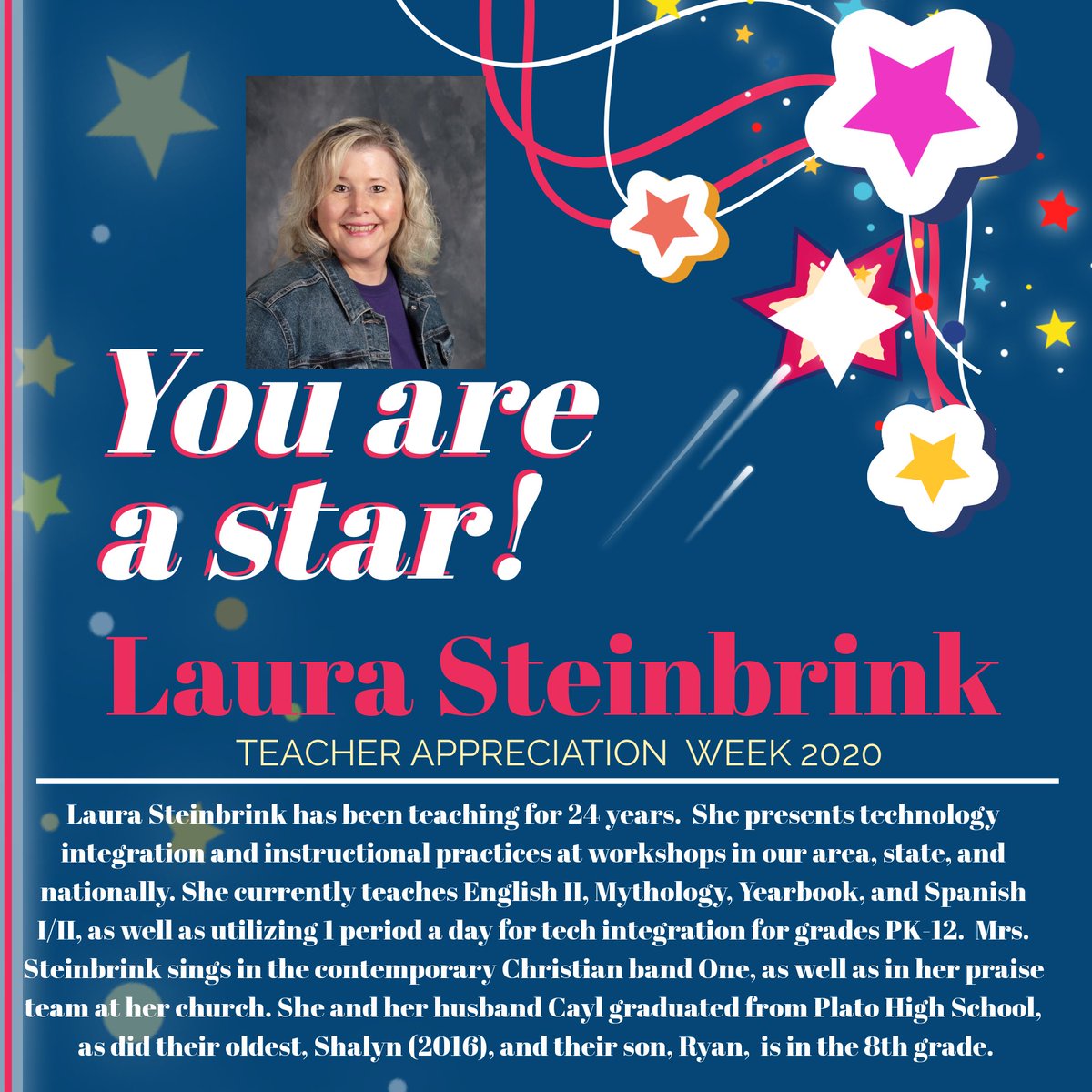platorv's tweet photo. 🙌It’s TEACHER APPRECIATION Week 2020! 🙌 Shoutout to @SteinbrinkLaura and all the hard work she does for our district! 🌟She’s a STAR! 🌟 #platorv https://t.co/9yeLwGz20Z