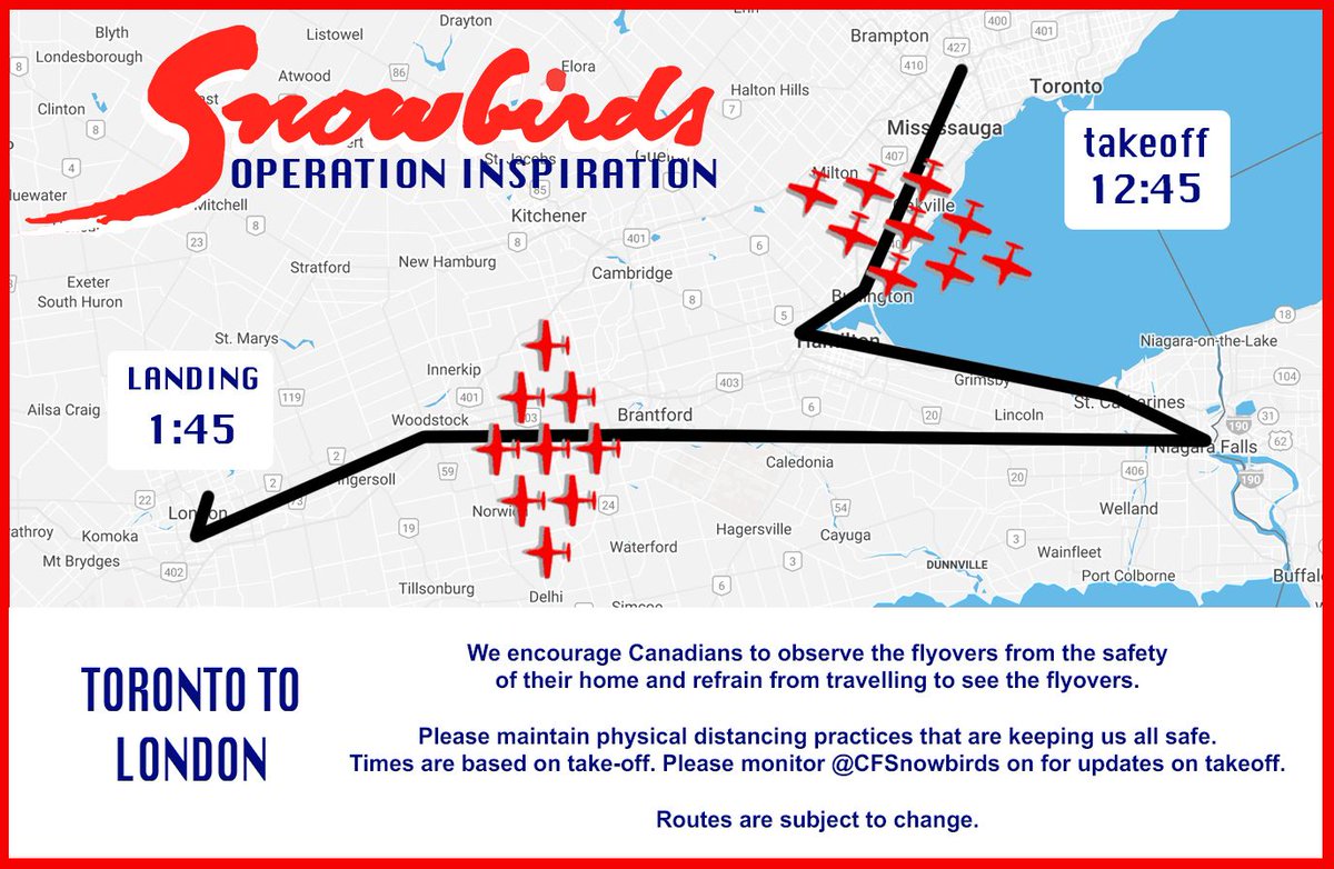 CFSnowbirds's tweet image. SATURDAY FLYPASTS 2 AND 3: Routes and times are subject to change. Watch our Facebook or Twitter accounts for updates on take-offs. #opinspiration #rcaf #cfsnowbirds