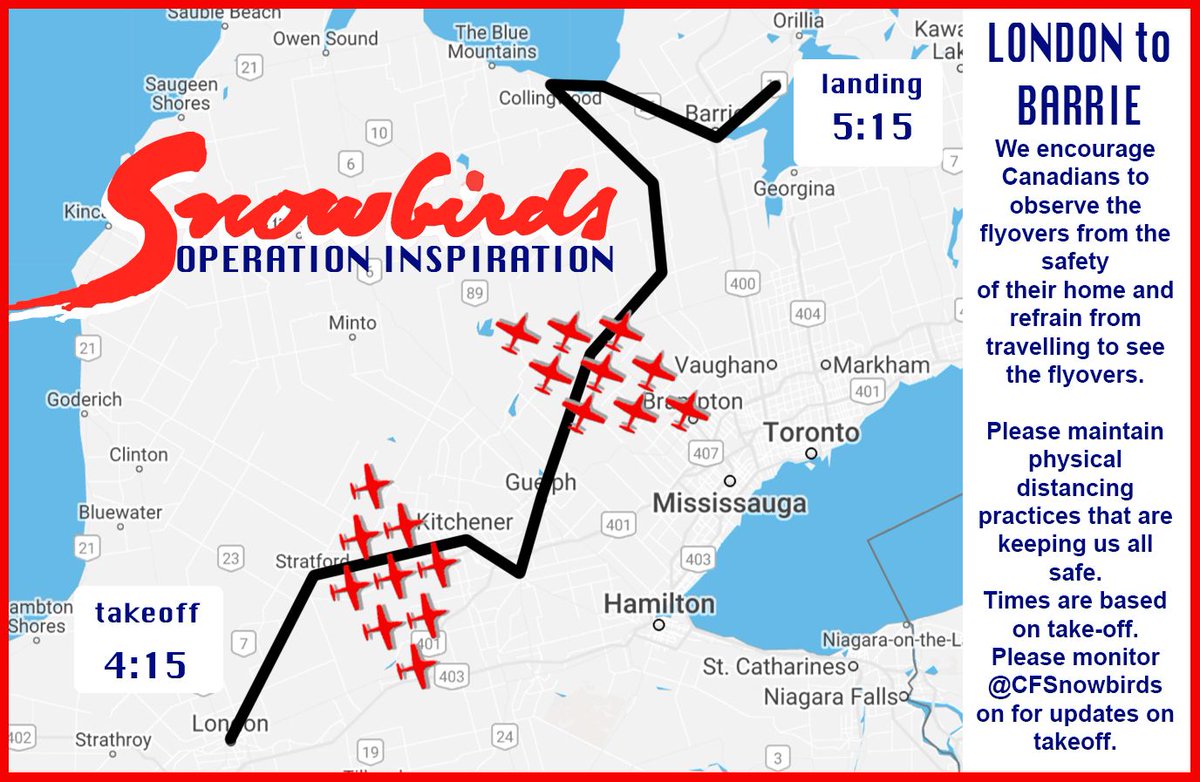 CFSnowbirds's tweet image. SATURDAY FLYPASTS 2 AND 3: Routes and times are subject to change. Watch our Facebook or Twitter accounts for updates on take-offs. #opinspiration #rcaf #cfsnowbirds