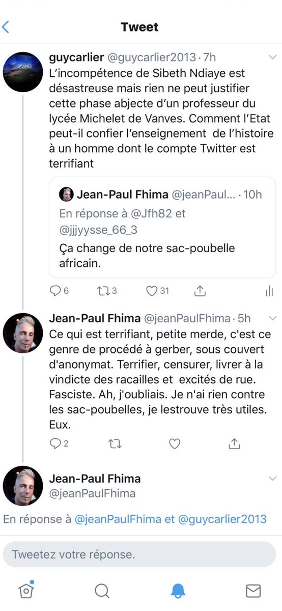 ValBtnt's tweet photo. Apparemment Mr Jean-Paul Fhima,  professeur d’histoire au lycée Michelet à Vanves est un adepte des propos racistes et nauséabonds 🤬🤬🤬 il s’attaque cette fois-ci à la porte parole du gouvernement Mme sibeth ndiaye, juste pathétique... https://t.co/IMxJo8ooS9