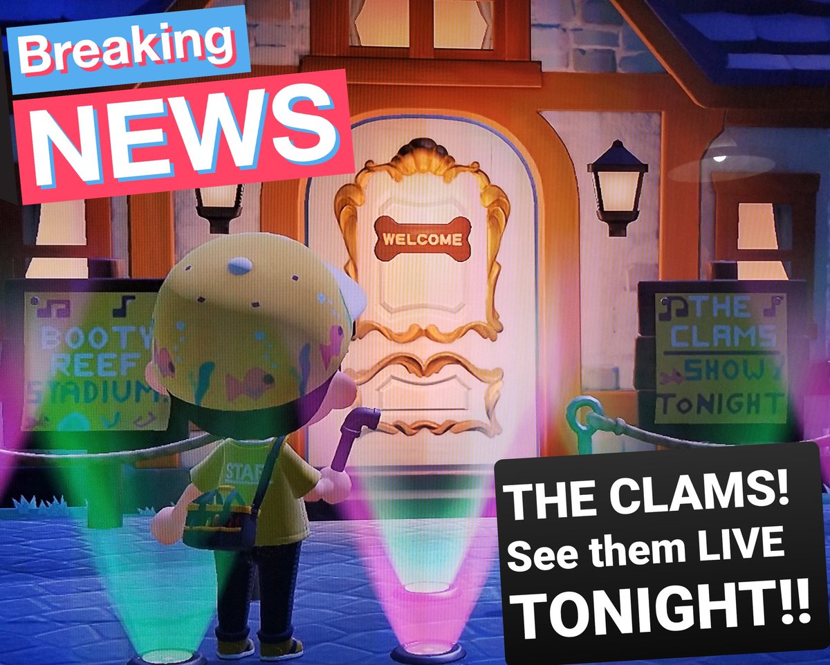 PatchyfromBooty's tweet photo. Come see our band THE CLAMS! (@PatchyfromBooty &amp; @RR_Stephy) Live at Booty Reef! A show featuring your favorite KK songs. DM me to attend! Space limited! #dodocode #dodocodes #AnimalCrossingNewHorizions #AnimalCrossingNewHorizon https://t.co/Bt0OOzYA9y